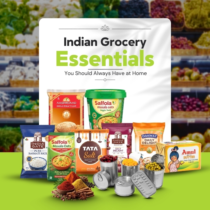 Indian kitchen groceries with spices, rice, lentils, and cooking essentials